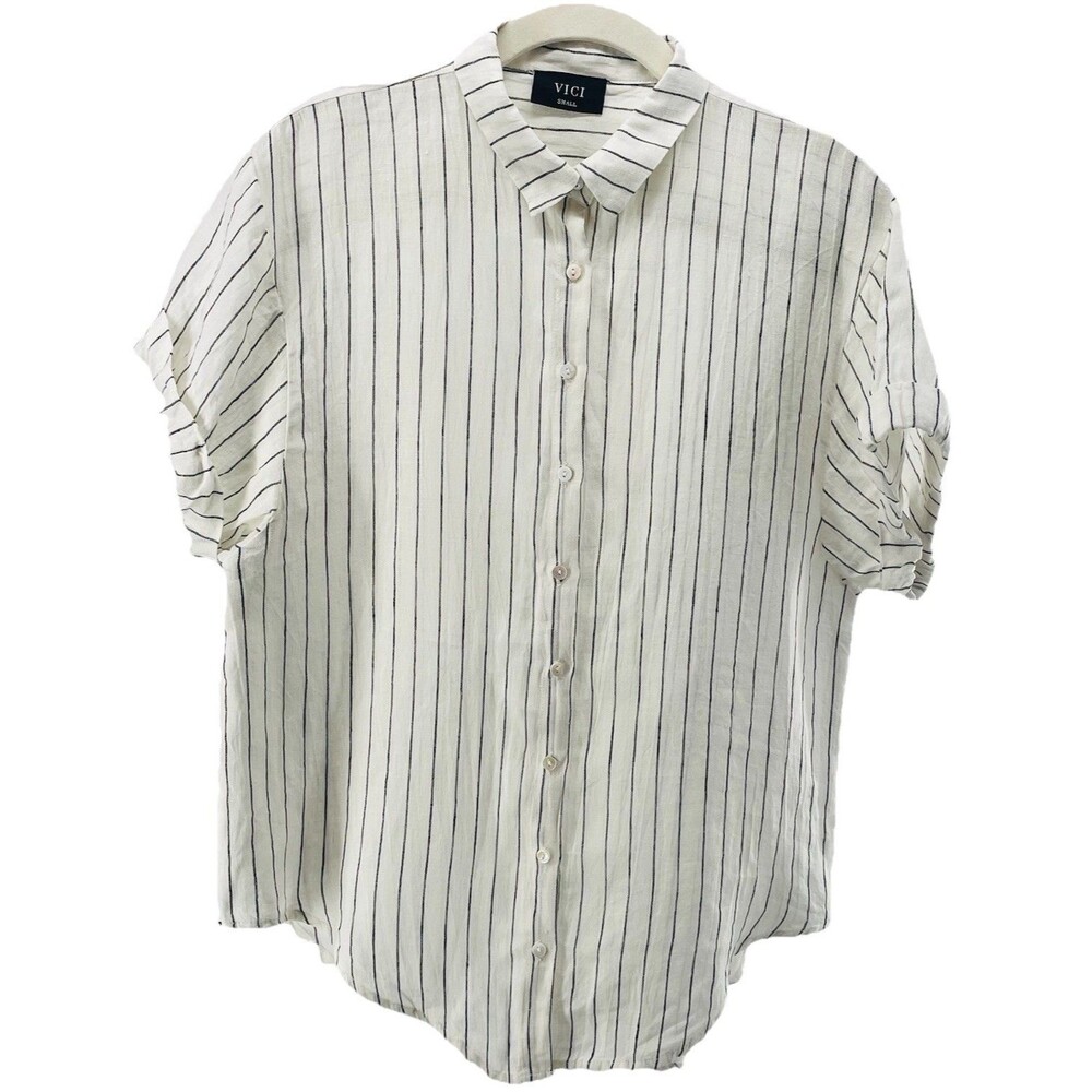VICI Women’s Small 100% Linen Button Up Shirt Ivory Black Stripe Coastal Blouse
